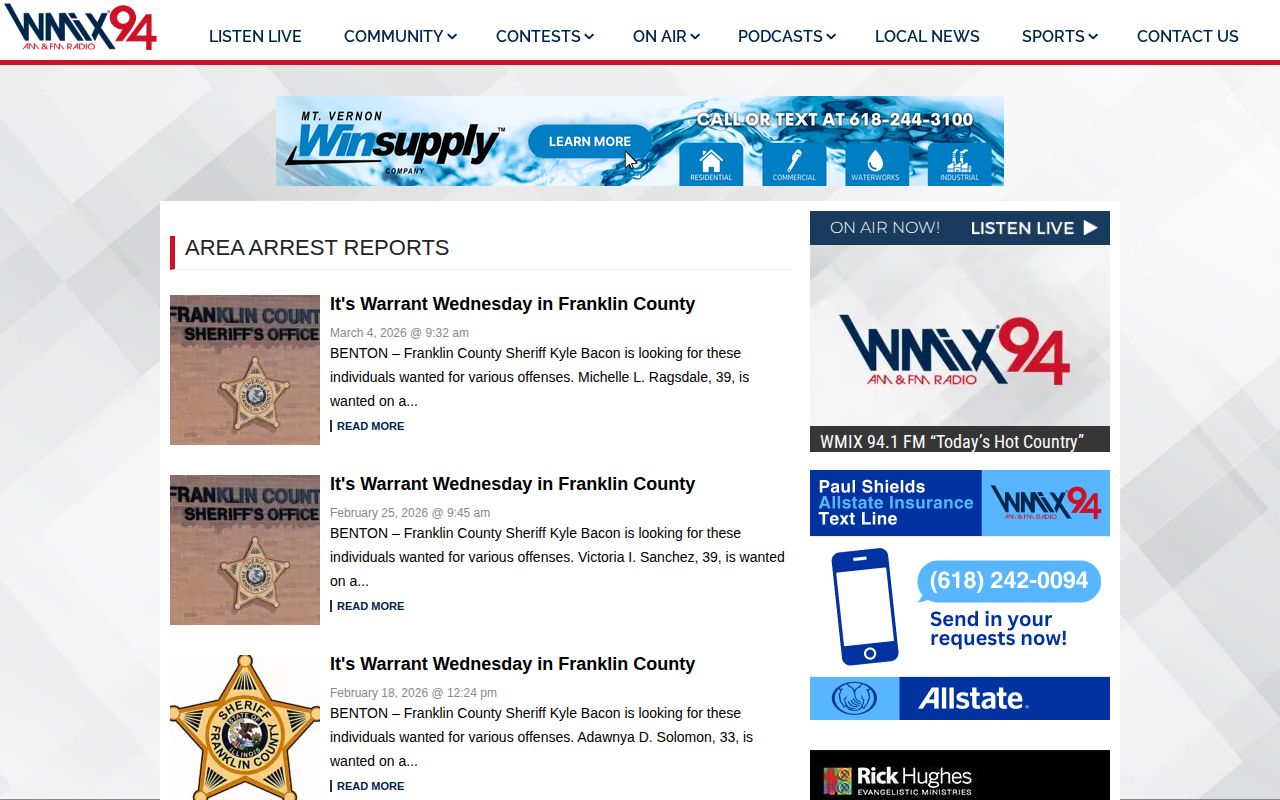 WMIX Franklin County arrest-report category showing selected news coverage