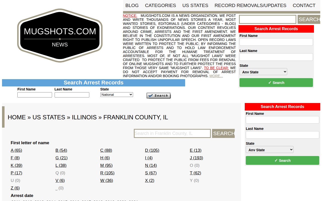 Franklin County, Illinois Mugshots.com secondary archive page