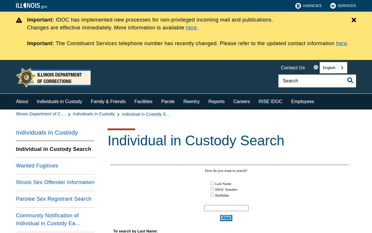 Illinois Department of Corrections individual-in-custody search for state custody records