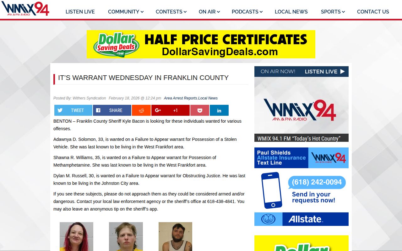 Franklin County Illinois Warrant Wednesday wanted-list article with sheriff-sourced warrant information
