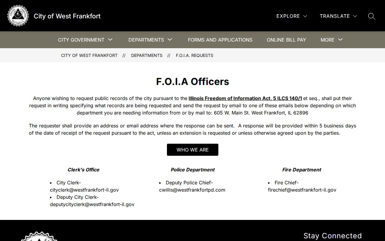 West Frankfort FOIA request page for Franklin County police arrest and booking-photo records