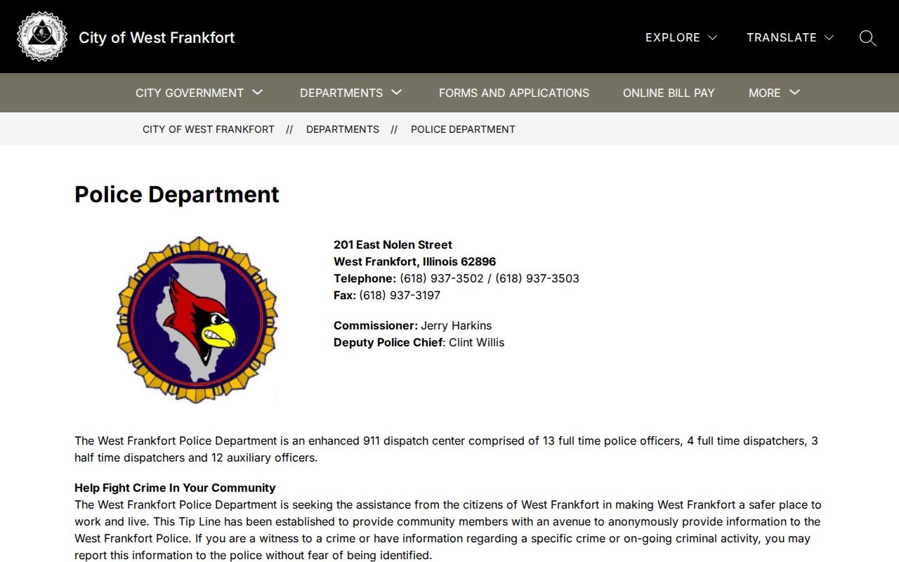 West Frankfort Police Department official Franklin County city arrest and booking-record page